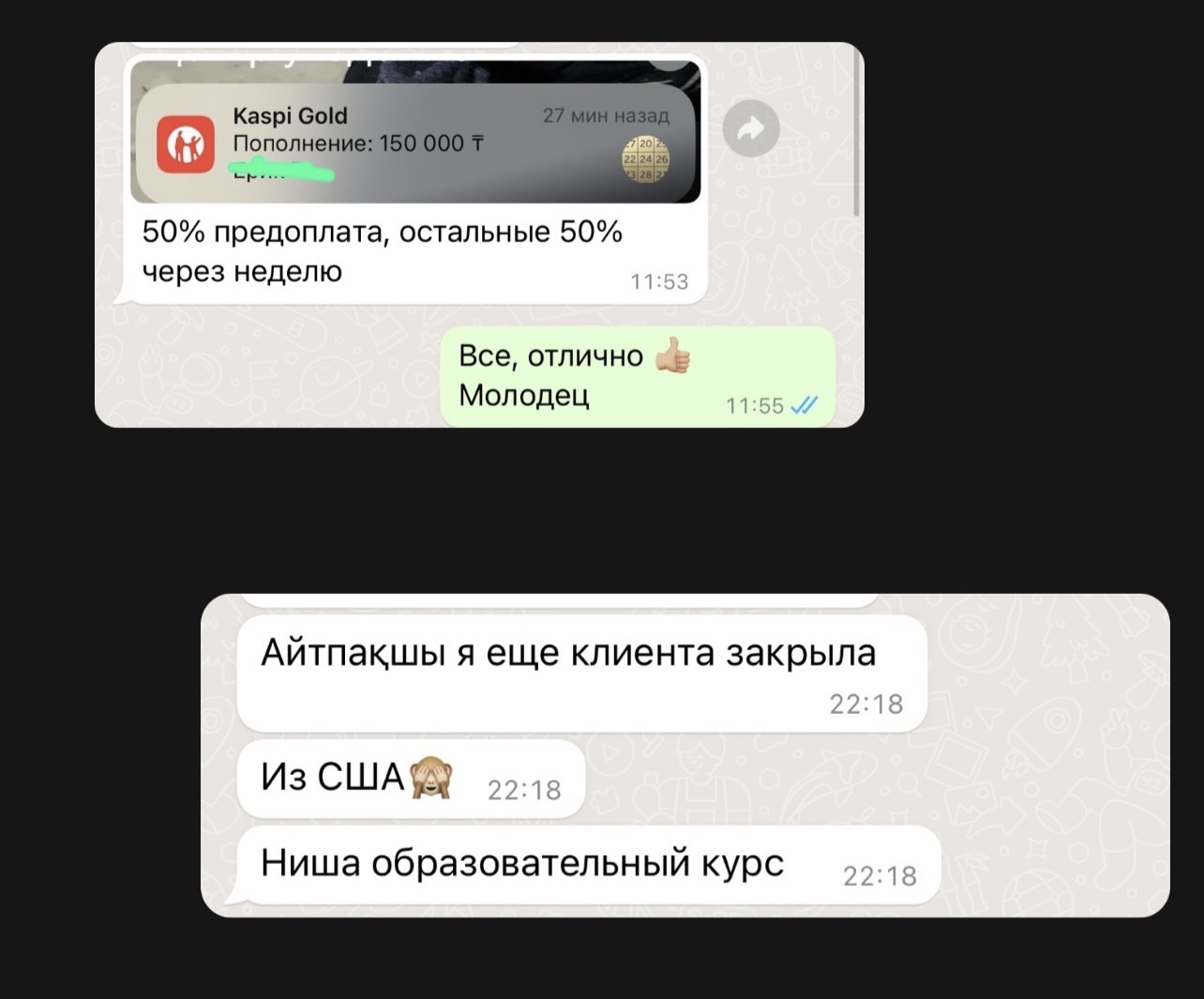 Оплата через Kaspi, клиент из США, образовательный курс